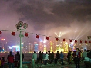 Watching the nightly light show from Kowloon