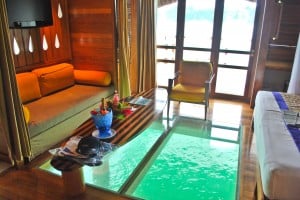 Inside my overwater bungalow at Le Meridien Bora Bora