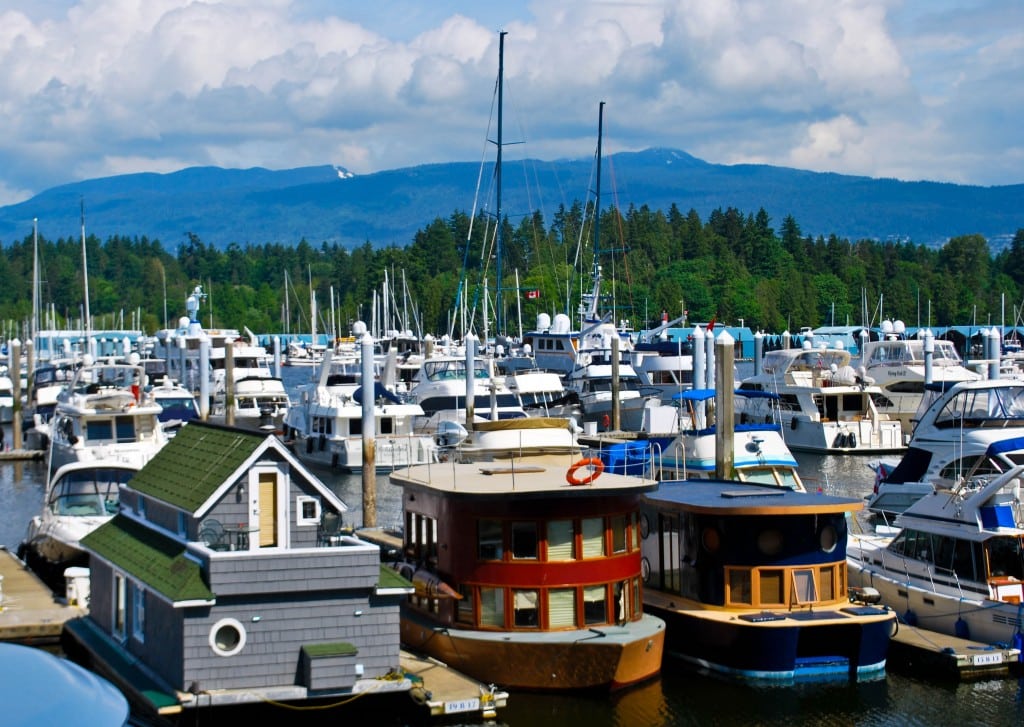 Colorful houseboats in Vancouver's Coal Harbour Marina